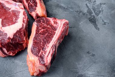 Kurumuş çiğ et seti, tomahawk, biftek ya da biftek, gri taştan arka planda, metin için fotokopi alanı