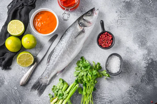 Rauwe Zeebaars Met Kruiden Specerijen Ingrediënten Grijze Betonnen Achtergrond Bovenaanzicht — Stockfoto