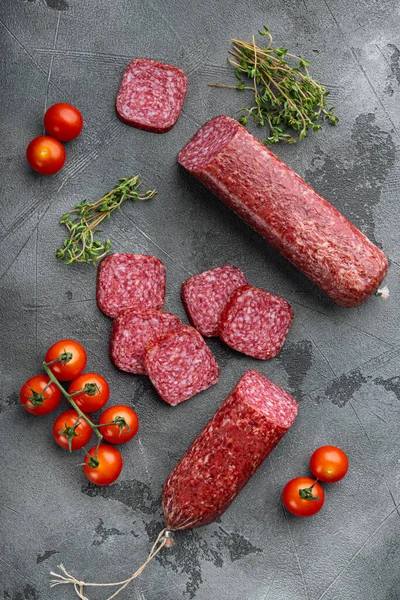 Slices Salami Vegetables Set Gray Stone Table Background Top View — Stock Photo, Image