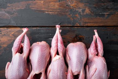 Taze çiğ bıldırcın seti, düz bir zemin, koyu ahşap zemin üzerinde metin için yer var.