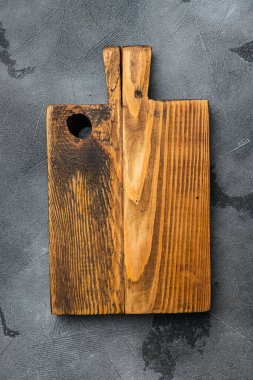 Kırsal kesim tahtası seti, üst görünüm düz yatay, metin veya yiyecek için kopyalama alanı, gri taş masa arkaplanı