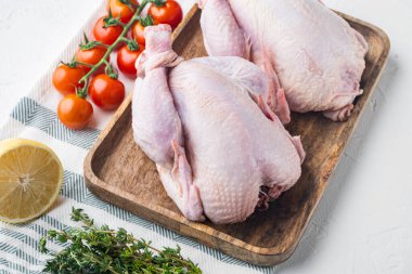 Çiğ koquelet tavukları beyaz arka planda bitki ve malzeme ile et