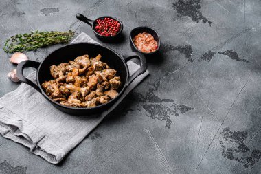 Kızarmış yaban mantarları ve chantarelles seti, gri taş masa arka planında, metin için kopyalama alanı ile