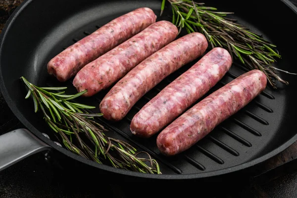 Raw Sausages Herbs Spices Set Frying Cast Iron Pan Old — Stock Photo, Image