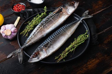 Tüm uskumru ahşap masa üzerinde malzemeleri ile, kopya alanı ile üst görünüm.