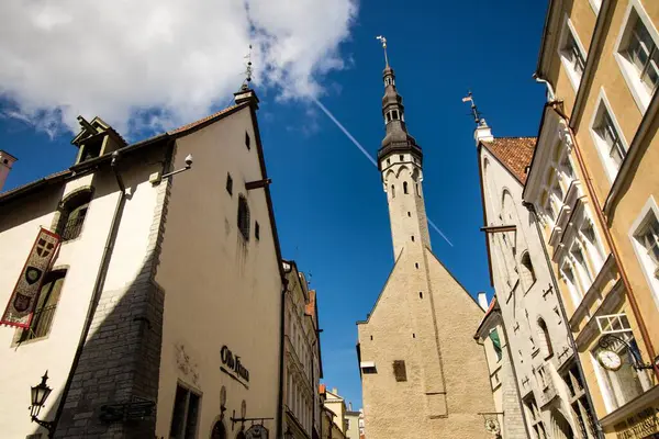 Medieval Tallinn casco antiguo con el Ayuntamiento dominante, día soleado, cielo azul — Foto de Stock