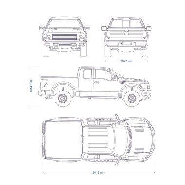 Kamyonet vektör şablonu. Kamyon plânı. Beyaz arka planda 4x4 araç. Markalaşma için model şablonu. Boş araç damgalama modeli.