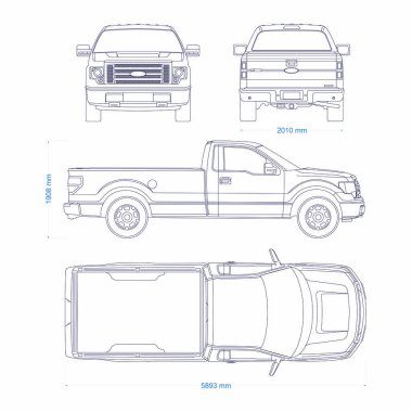 Kamyonet vektör şablonu. Kamyon plânı. Beyaz arka planda 4x4 araç. Markalaşma için model şablonu. Boş araç damgalama modeli.