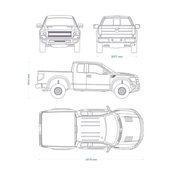 Pickup Lastbil Vektor Mall Lastbilsritning 4X4 Bil Vit Bakgrund Mockup — Stock vektor