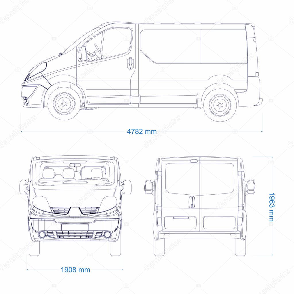 Van vector template for car branding and advertising. Light commercial van marketed by multiple brands - Second-generation. Truck blueprint. Delivery truck empty template. Blank commercial truck.