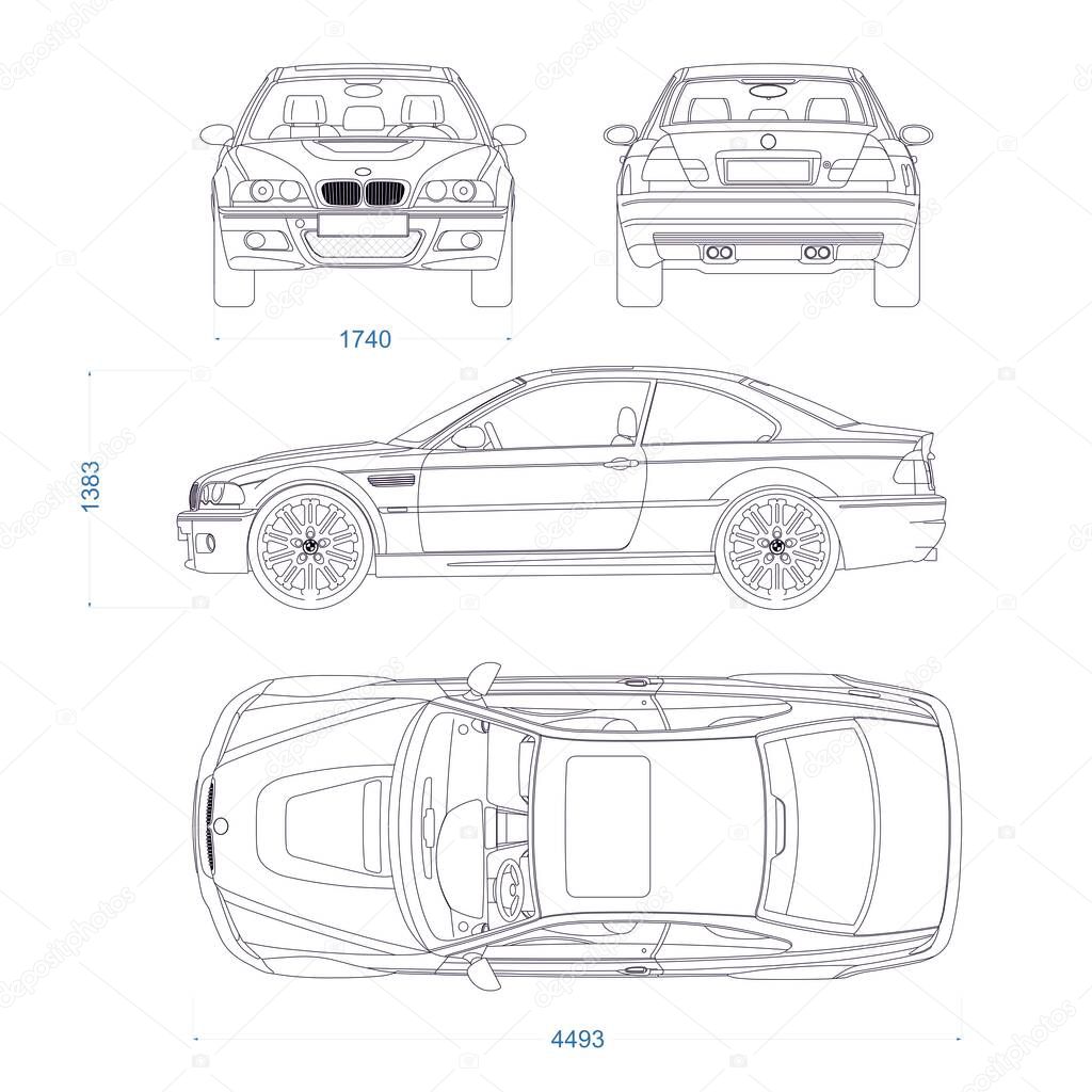Coupe sport car vector template. Sport car blueprint. Car on white background. Mockup template for branding. Blank vehicle branding mockup.
