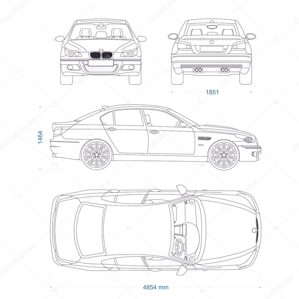 Executive car vector template. Sedan car blueprint. 5 door car on white background. Mockup template for branding. Blank vehicle branding mockup.