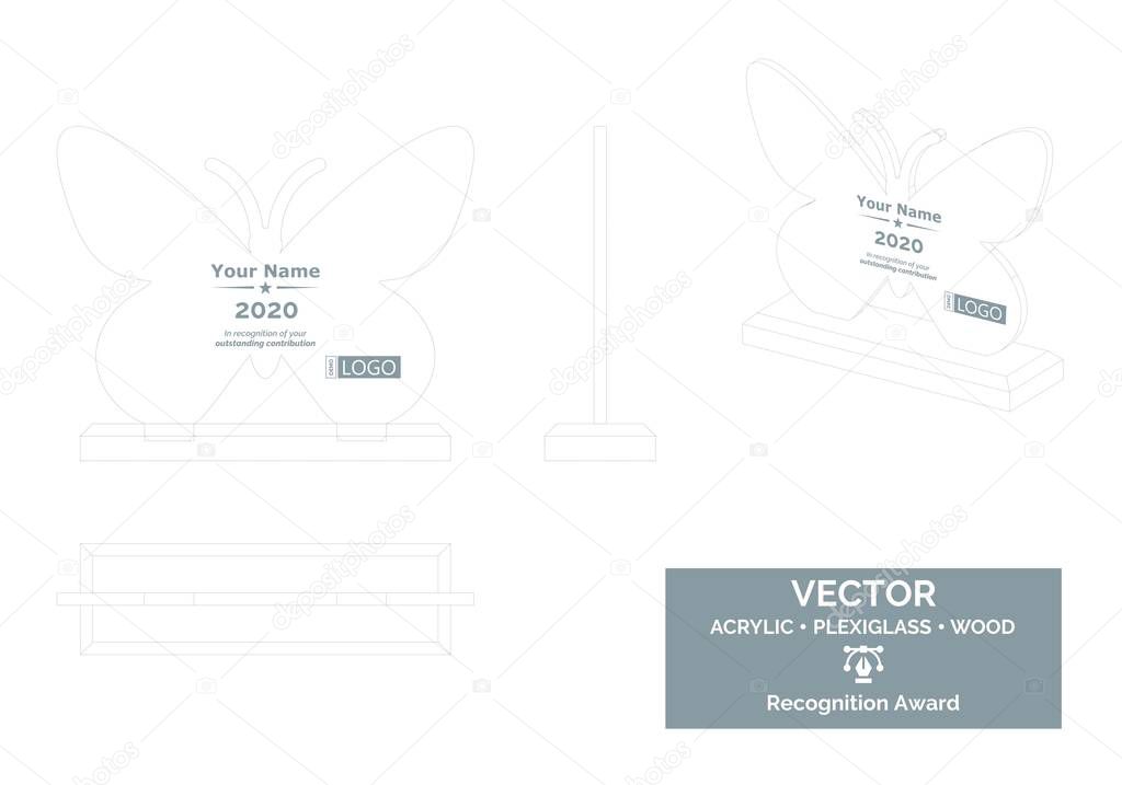 Butterfly Silhouette Trophy Vector Template, Business trophy Distinction Award, Corporate Recognition trophy Award