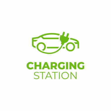 Elektrikli araç şarj istasyonu simgesi simgesi. Elektrikli araba logosu işaret düğmesi. Çevre taşımacılığı. Araba enerjisi şarjı.