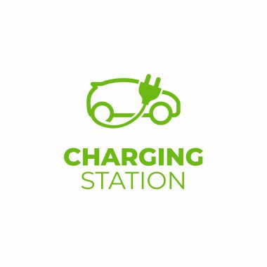 Elektrikli araç şarj istasyonu simgesi simgesi. Elektrikli araba logosu işaret düğmesi. Çevre taşımacılığı. Araba enerjisi şarjı.