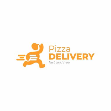 Teslimat logo şablonu. Pizza kutusu ikonu taşıyan teslimatçı. Pizzacı vektör logosu.