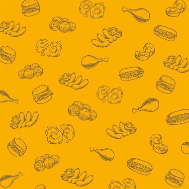 Kusursuz yemek kalıbı. Haşlanmış yumurta, kızarmış yumurta, yumurta nugget, hamburger, sosis, sosisli sandviç içeren fast food vektör deseni.