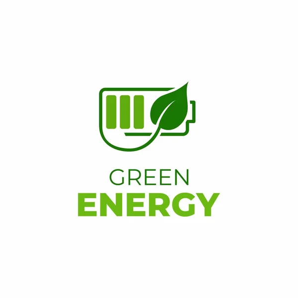 グリーンエネルギーロゴテンプレート 緑の葉とバッテリーサイン エコバッテリー記号 — ストックベクタ