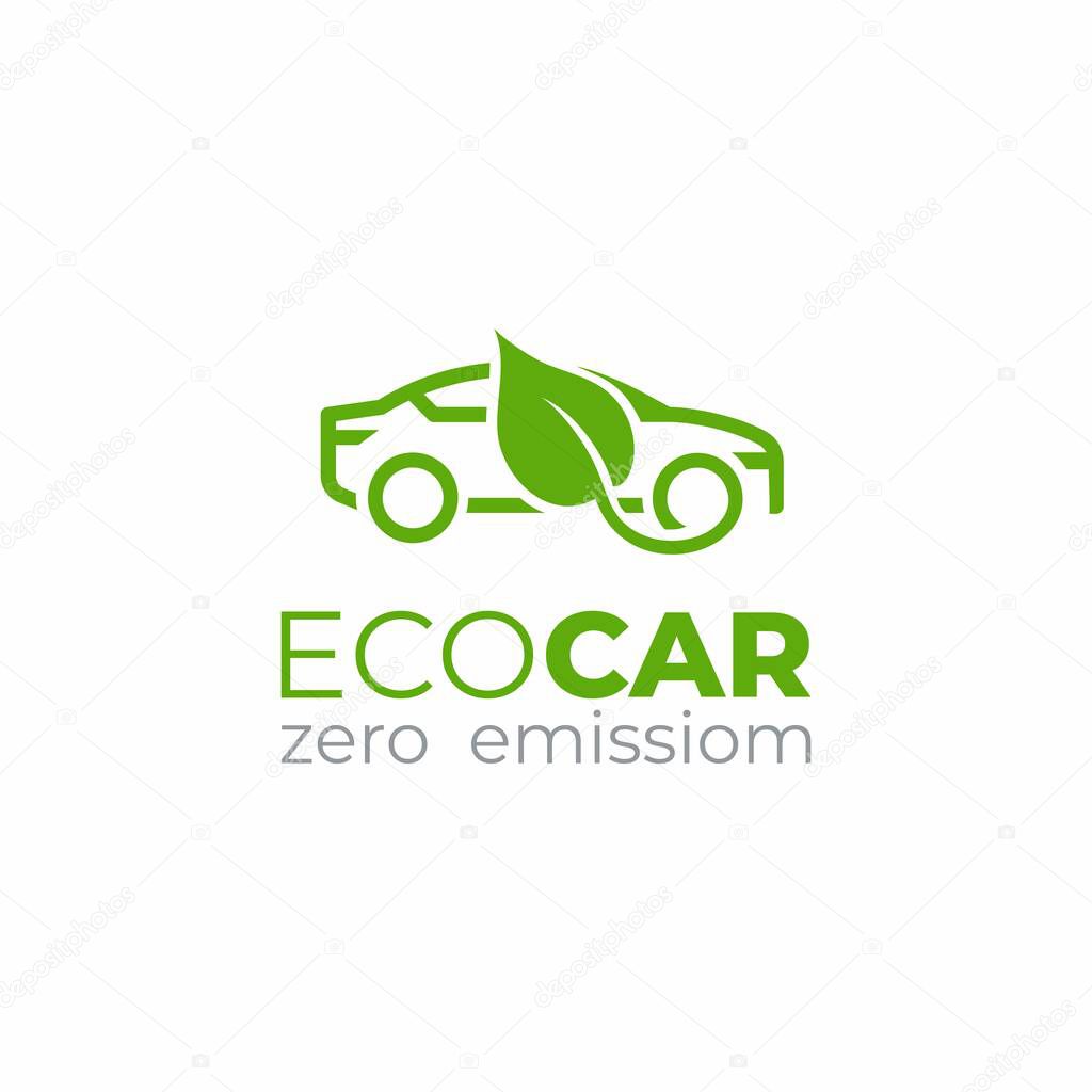 Eco car logo template. Green car icon. Green leaf and car sign.  Environment protection transport symbol.