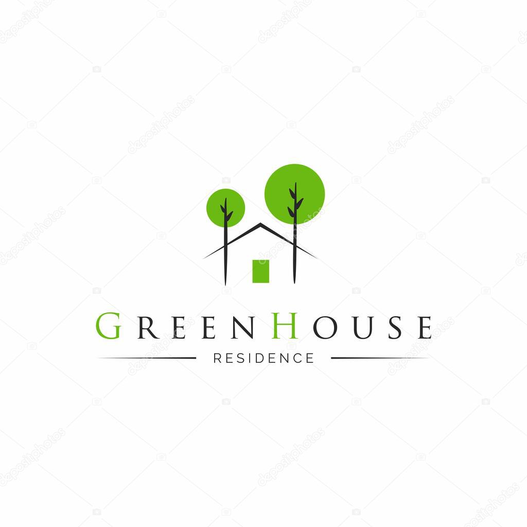Green House logo. House between trees logo template. Green residence logotype.