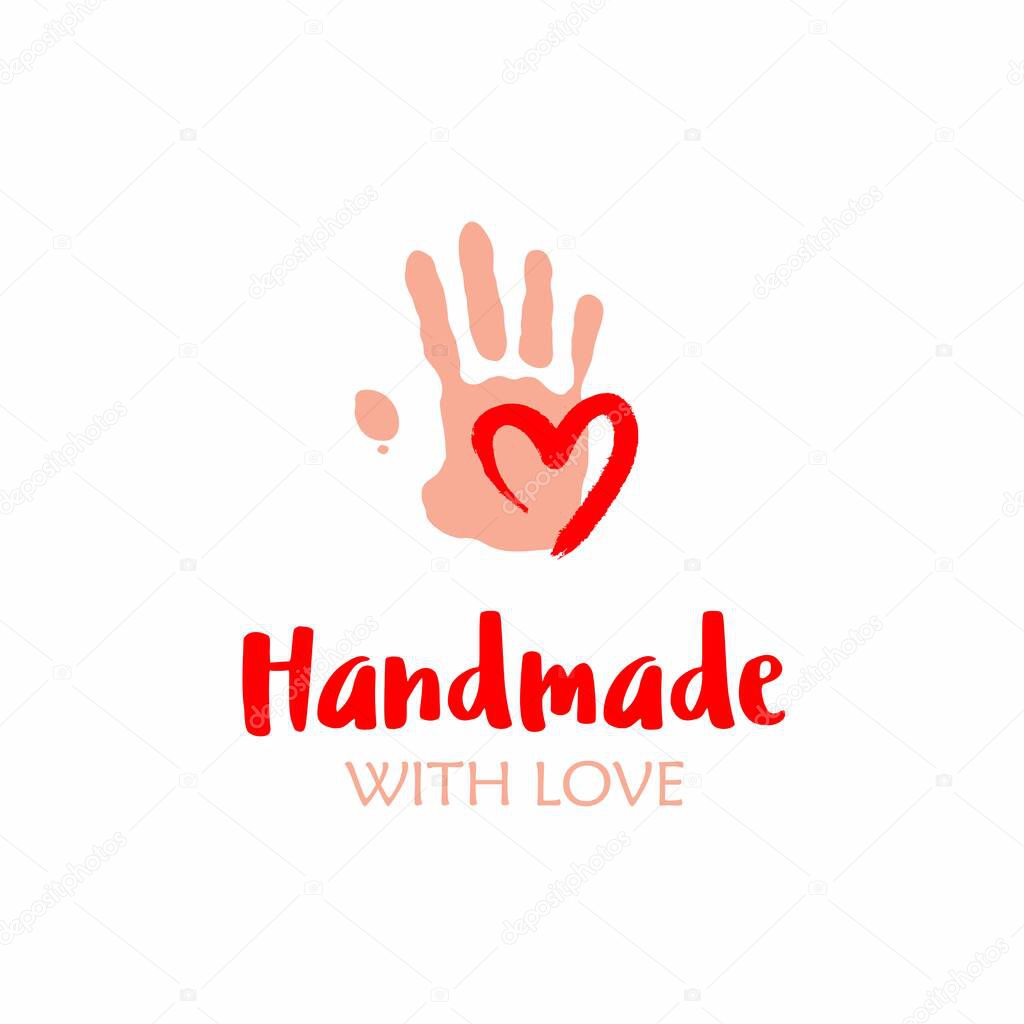Handmade with love hand logo template. Heart in hand logo.