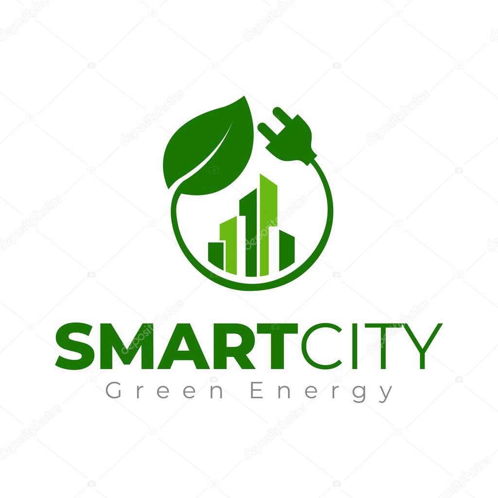 Eco-city logo template. Smart city logotype. Green city logo. Eco building tower with power plug and leaf. Eco energy.