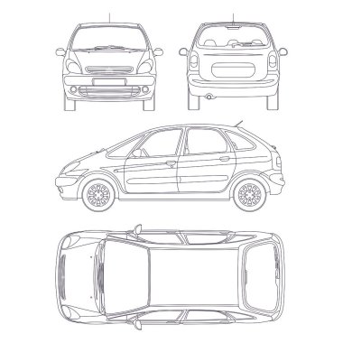 MPV bir arabanın taslak çizimi. Minivan araba planı. Aile arabasının vektör modeli. Araç damgalama vektör şablonu. 