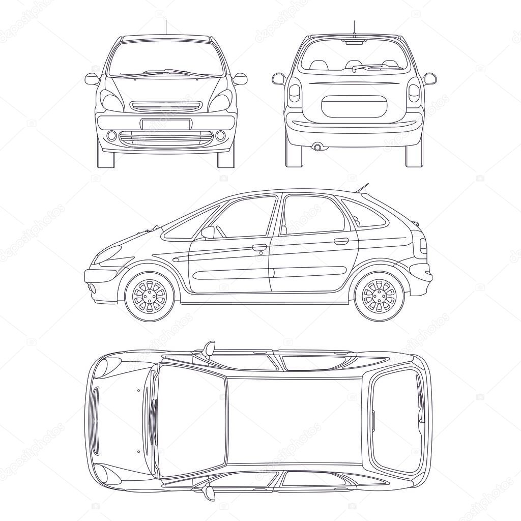 Outline vector drawing of an MPV car. Minivan car blueprint. Family car vector mock-up. Vehicle branding vector template. 