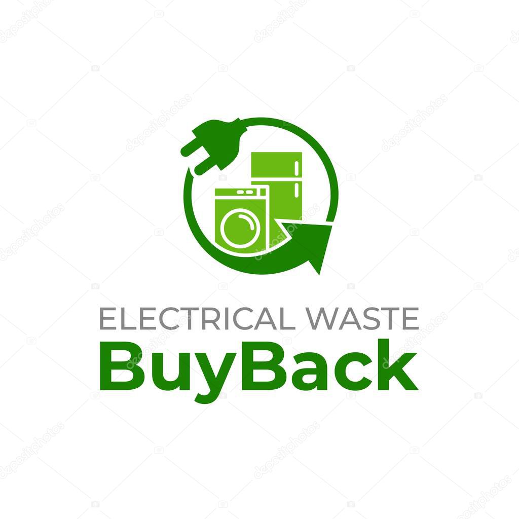Buyback household waste electrical and electronic equipment logo template. Electrical waste icon. Recycling electrical items logo. E-Waste icon. Washing machine and fridge.