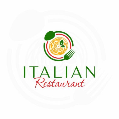 İtalyan restoran logosu. Pasta restoranının logosu. Çember kaşık ve çatal. İtalyan yemeği. Spagetti..