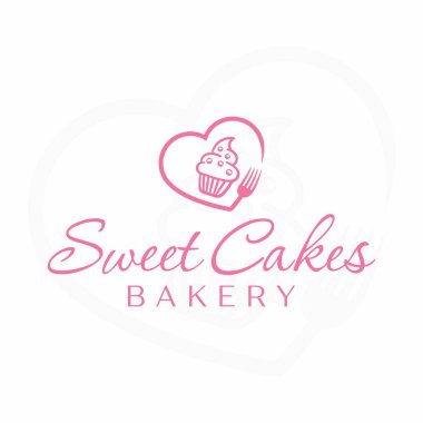 Sweetcakes logo tasarımı. Pasta fırını vektör logo şablonu. Kek aşk sembolü.. 