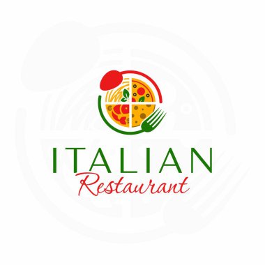 İtalyan restoran logosu. Spagetti. - Pizza. İtalyan peyniri. Deniz ürünleri. Çember kaşık ve çatal. İtalyan yemeği..