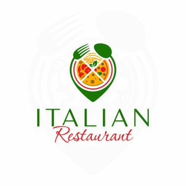 İtalyan restoran logosu. Spagetti. - Pizza. İtalyan peyniri. Deniz ürünleri. Konum kaşık ve çatal. İtalyan yemeği..