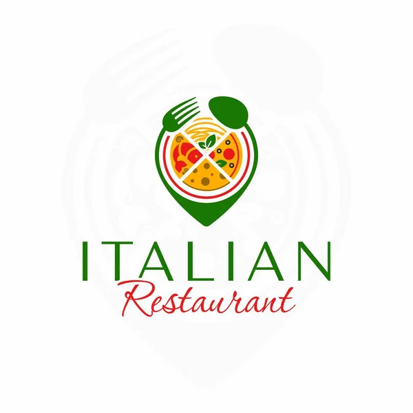 Italiaans Restaurant Logo Spaghetti Pizza Italiaanse Kaas Zeevruchten Locatie Pin — Stockvector