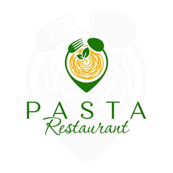 パスタレストランのロゴ イタリアンレストランのロゴ 場所ピンスプーンとフォーク イタリア料理 スパゲティ — ストックベクタ