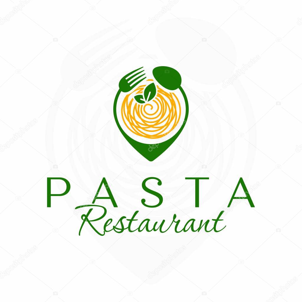 Pasta restaurant logo. Italian restaurant logo. Location pin spoon and fork. Italian food. Spaghetti.