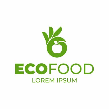Eko gıda logosu şablonu. Negatif uzayda el ve elma. Biyolojik meyve etiketi. Tamam el sembolü. Organik yiyecekler. Doğrulanmış gıda işareti.