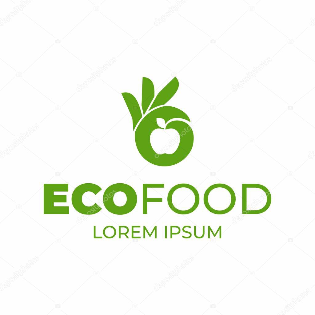 Eco food logo template. Hand and apple in negative space. Bio fruits sticker. Okay hand symbol. Organic food. Verified food sign.