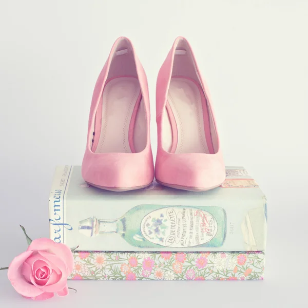 Pink shoes over books — Stock Photo, Image