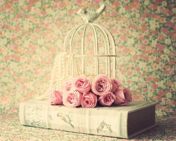 Cage à oiseaux avec pivoines sur le livre — Photo