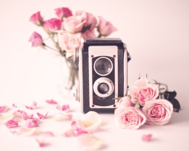Retro fotoğraf makinesi ile Peonies ve güller