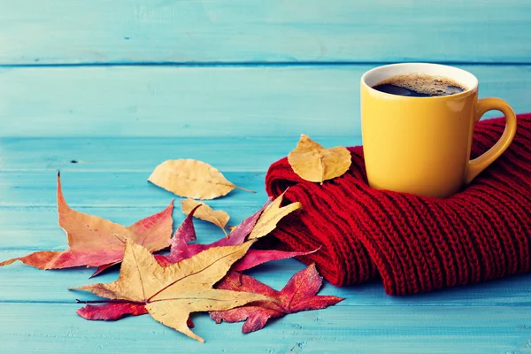 Taza de café en bufanda y hojas —  Fotos de Stock