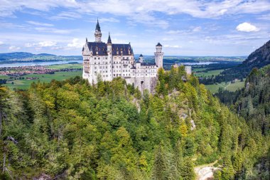 Yazın Alpler 'in arka planında Neuschanstein şatosunun güzel bir duvar kağıdı manzarası.