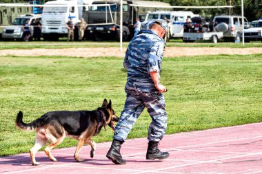 Abakan, Rusya - 21 Ağustos 2018: Koyun köpeğiyle devriye gezen kamuflajlı bir asker.