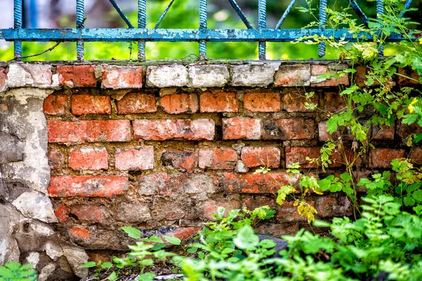 Una Vieja Pared Ladrillo Con Una Parrilla Hierro Azul Rodeada —  Fotos de Stock