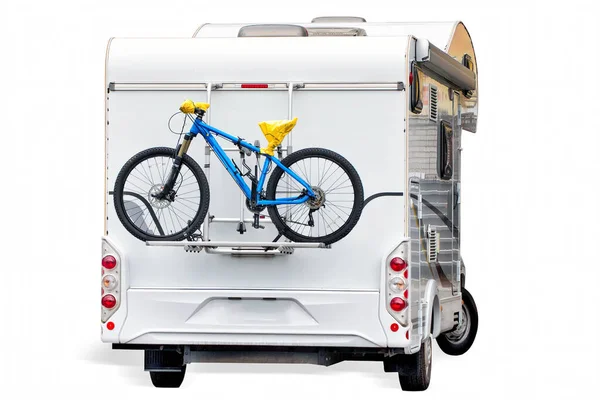 Caravan Van Bicycle Back White Background Isolated — Stock Photo, Image