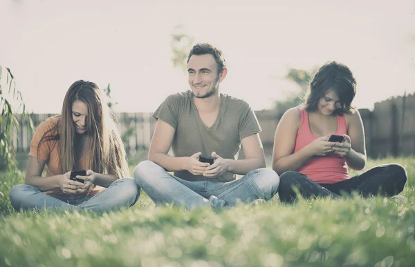 Menschen sitzen mit Mobiltelefonen im Gras — Stockfoto