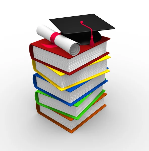 Libros con gorra de graduación y diploma — Foto de Stock