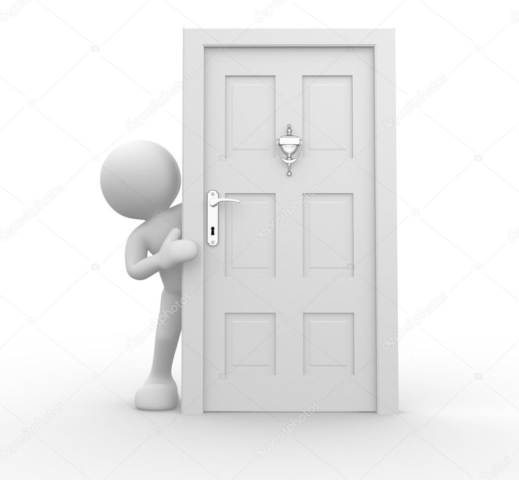 Human character and knocker on door