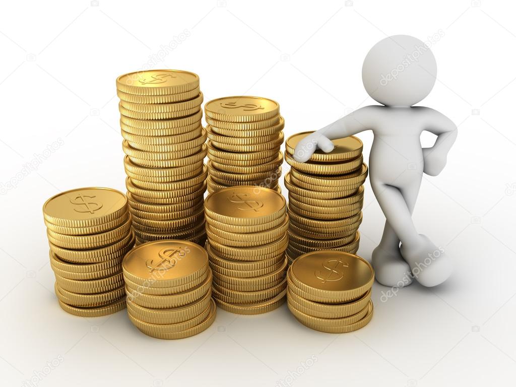 Human character and stack of coins